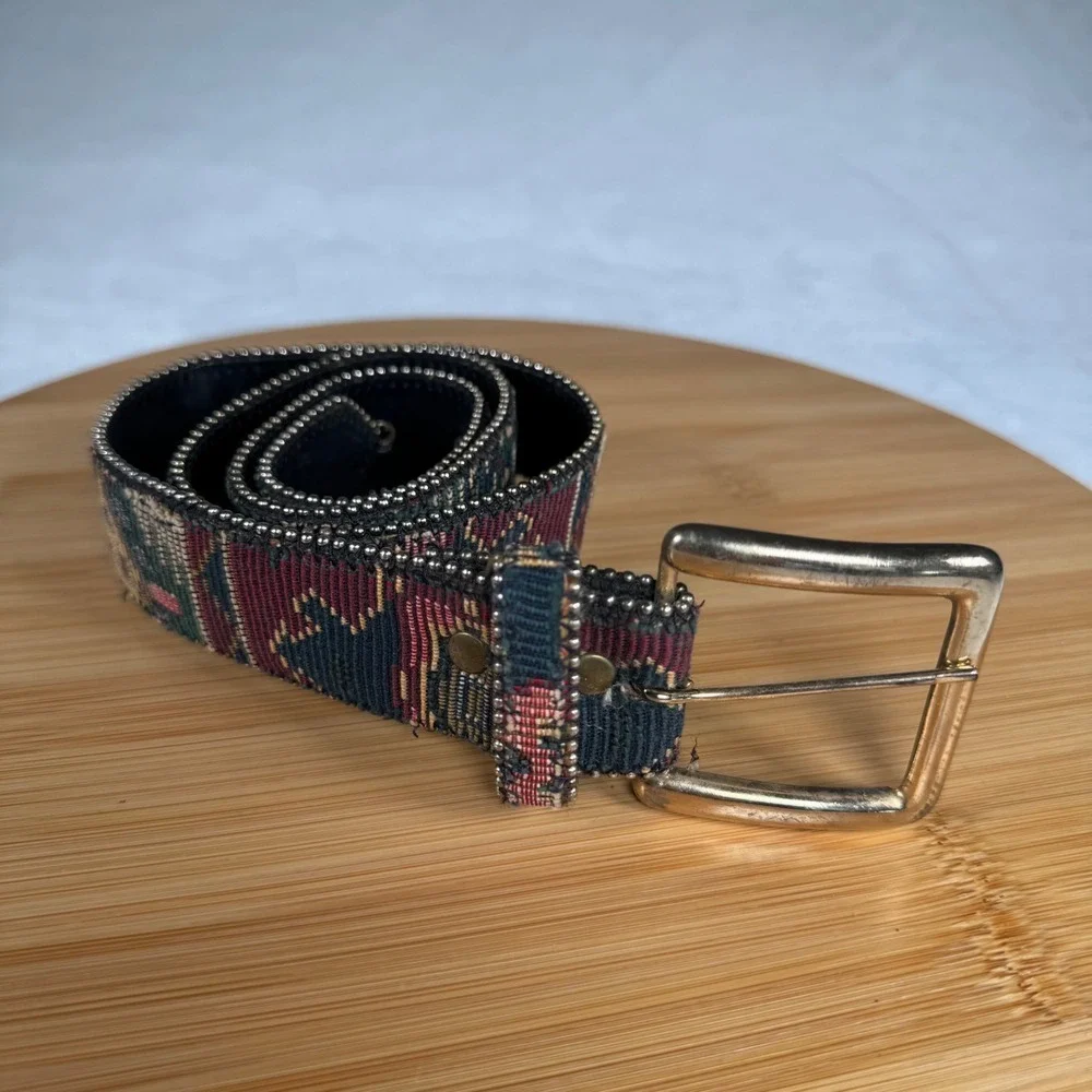 Vintage Absolutely Fresh Woven Tapestry Belt Womens Gold Buckle 33.5in Bohemian